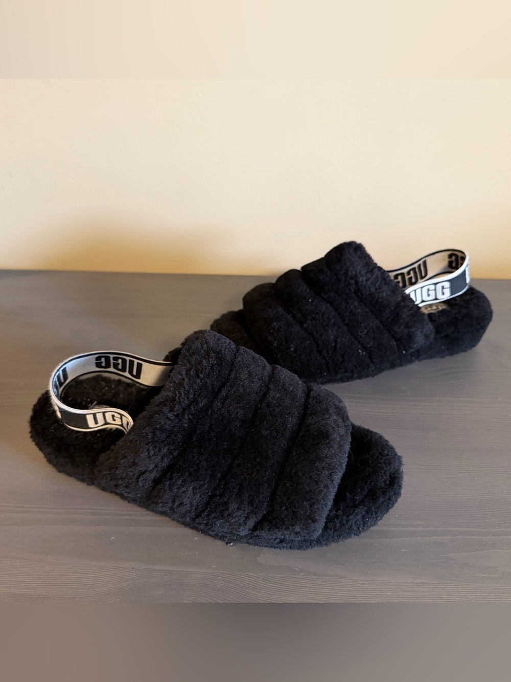UGG Women’s Fluff Yea Black Plush Slingback Slide Slippers - Picture 2 of 8